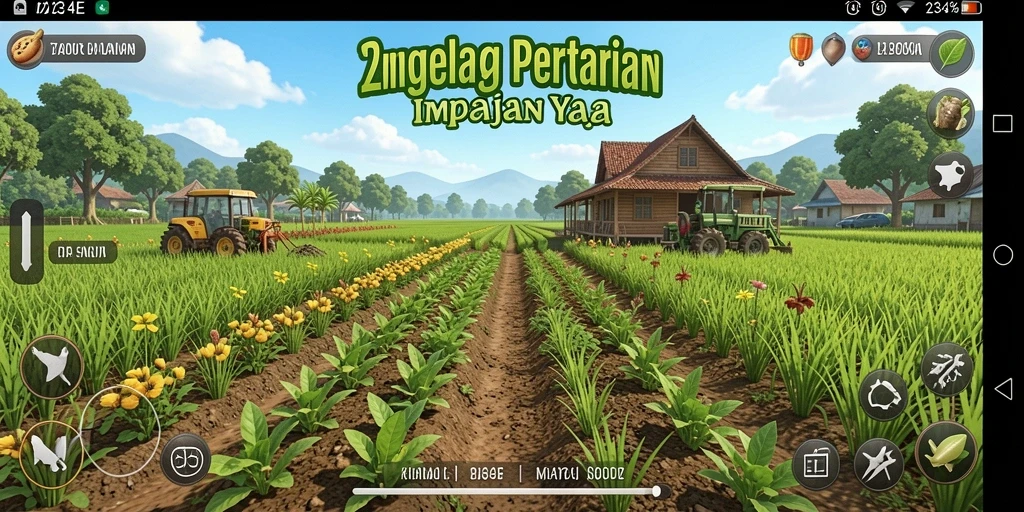 Screenshot gameplay <strong>234E</strong> menunjukkan ladang yang hijau dan subur.