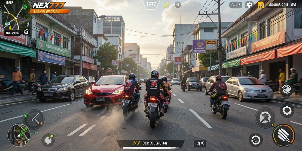 Tangkapan layar NEX777 menampilkan aksi balapan mendebarkan.