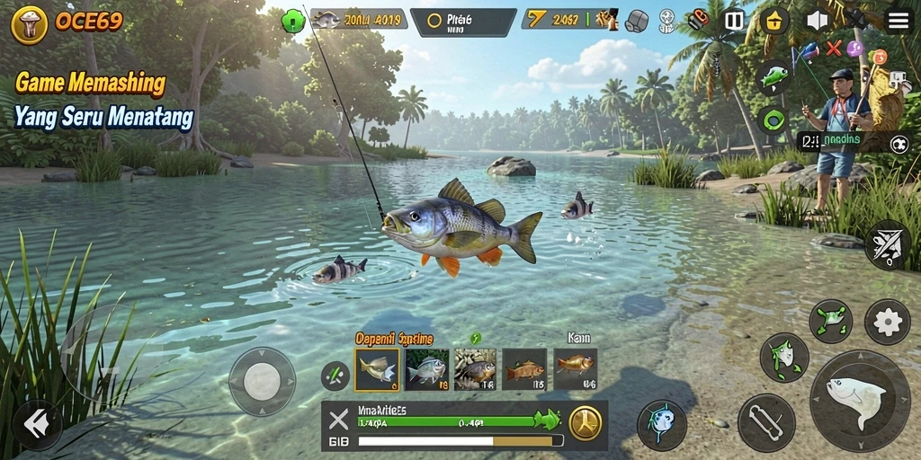 Screenshot gameplay OCE69 menampilkan suasana memancing yang seru dan interaktif.