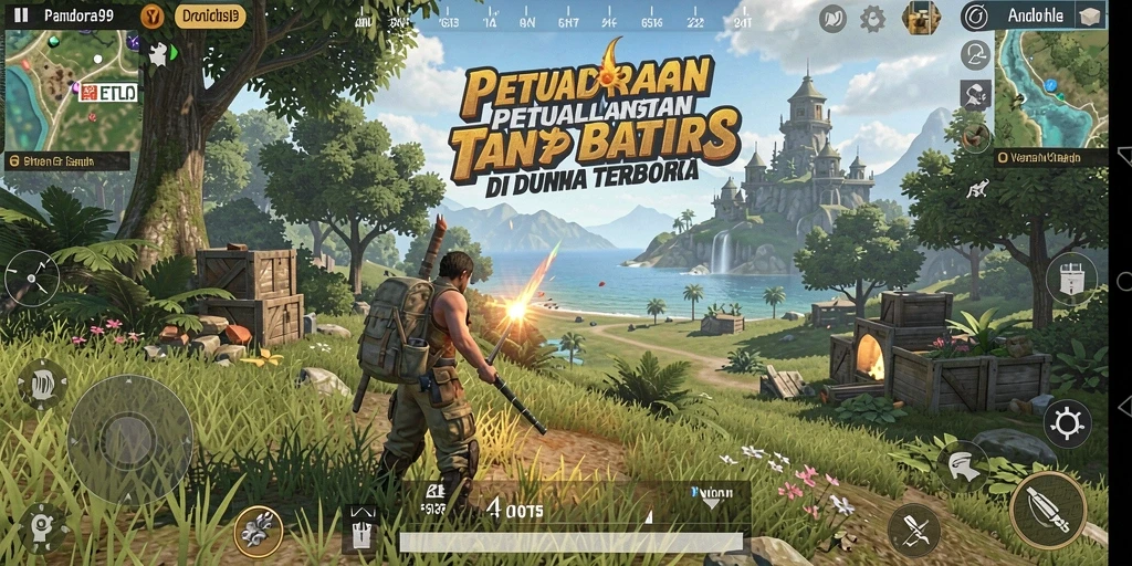 Tangkapan layar gameplay PANDORA99 menunjukkan petualangan di lingkungan terbuka.