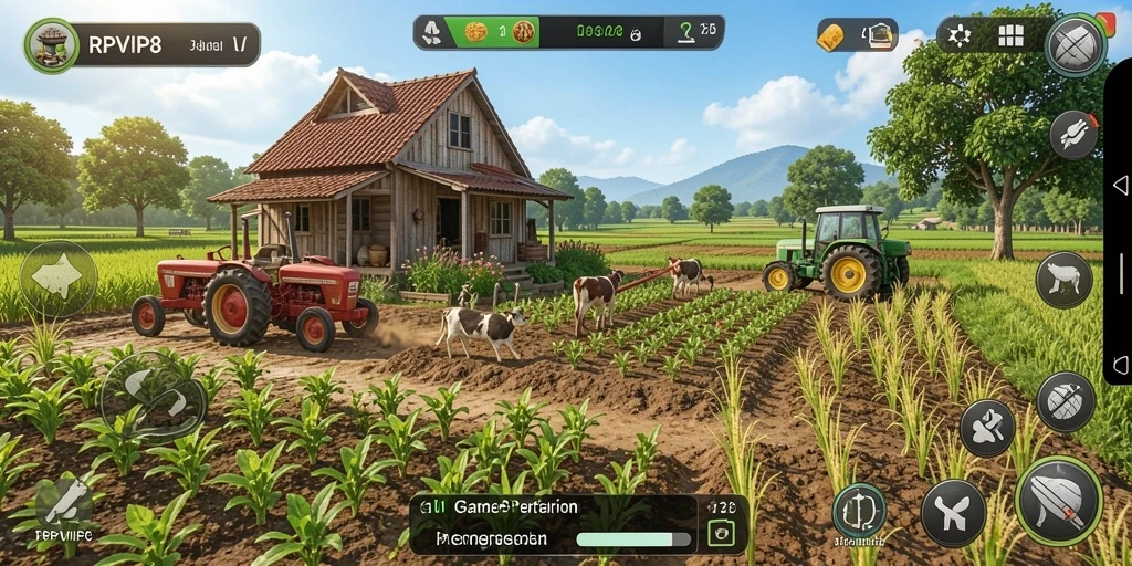 Tampilan gameplay menarik dari RPVIP8 yang menunjukkan aktivitas bertani.
