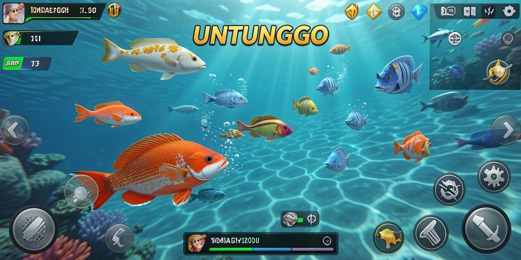 Tampilan gameplay UNTUNGGO dengan aksi menembak ikan yang seru.