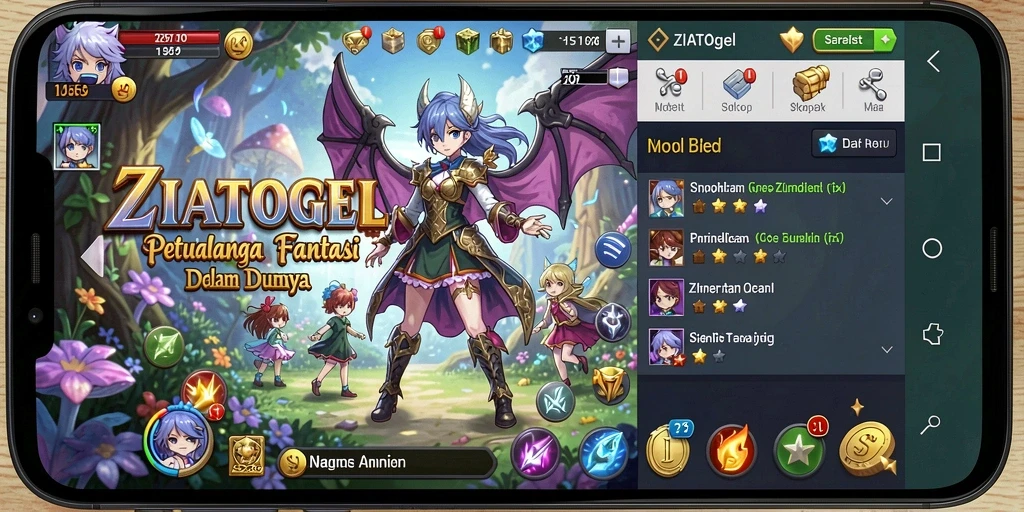Tampilan gameplay penuh warna dalam ZIATOGEL yang menampilkan karakter Anime.